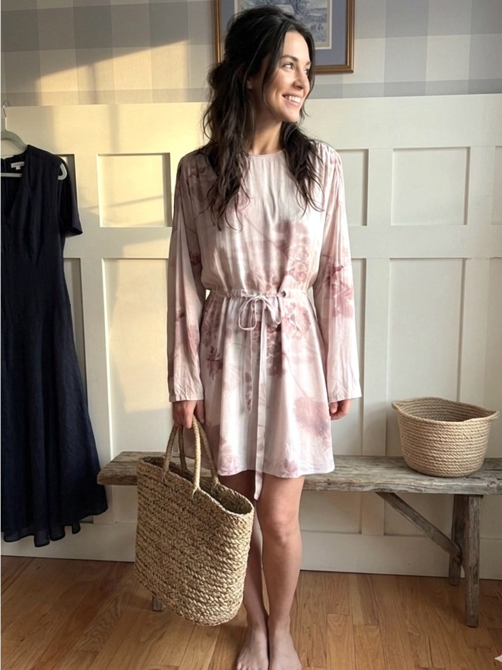 AllSaints Pale Blush Floral Tie-Waist Long Sleeve Dress‎ Size 10